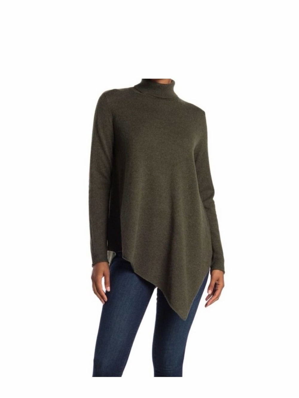 Magaschoni Turtleneck Cashmere Tunic Sweater - Hunter green Heather asymmetrical